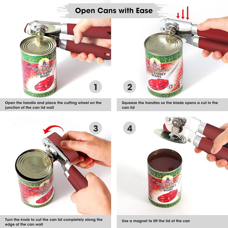 Beneno Heavy Duty Hand Can Opener Manual with Magnet, Durable Sharp Carbon Steel Blade Smooth Cutting, Big Effort-Saving Knob & Soft Grip Handle, Multifunctional Kitchen Tool with Bottle Opener, Red - Image 4